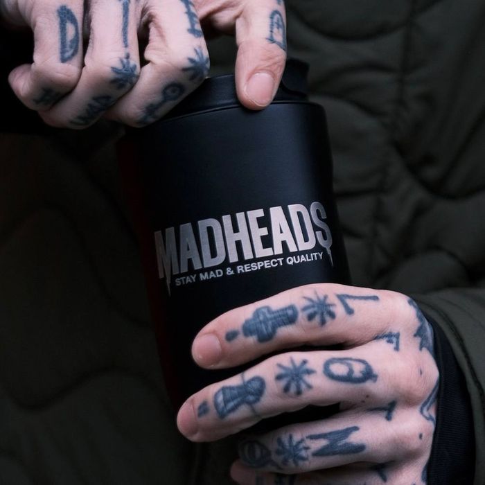 Black thermal mug “Stay Mad & Respect Quality”